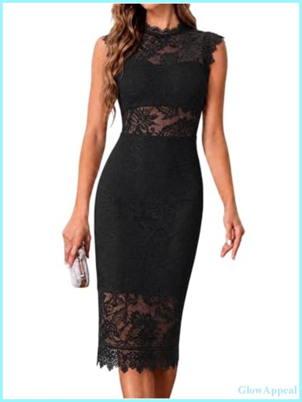 Floral Lace Sleeveless Bodycon Midi Dress Scalloped Mock Neck Sheath